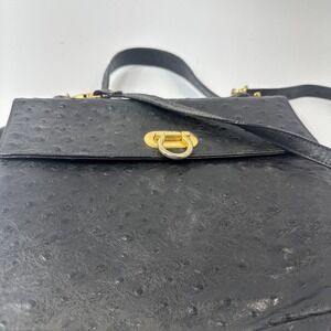 Vintage Original Black Ostrich Leather Handbag  Metal Fittings